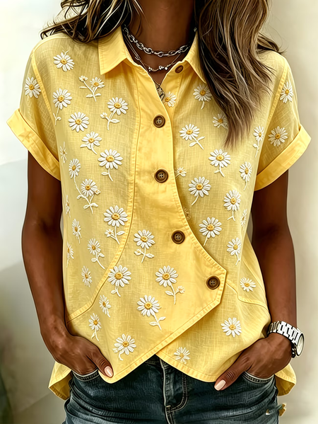 Shawl Collar Short Sleeve Floral Printing Regular Micro-Elasticity Regular Fit Shirt For Women