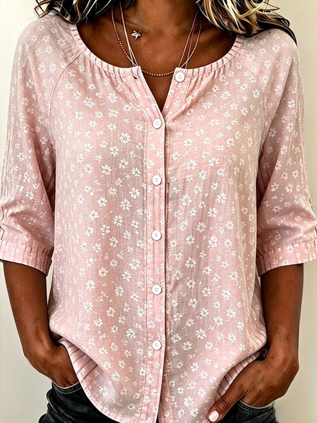 Crew Neck Half Sleeve Floral Printing Regular Micro-Elasticity Loose Shirt For Women