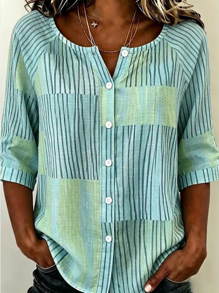 

Women Striped Crew Neck Half Sleeve Shirt Printing Casual Daily Summer Top, Green, Shirts