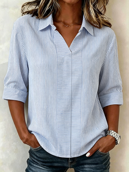 Shawl Collar Half Sleeve Striped Lightweight Loose Shirt For Women