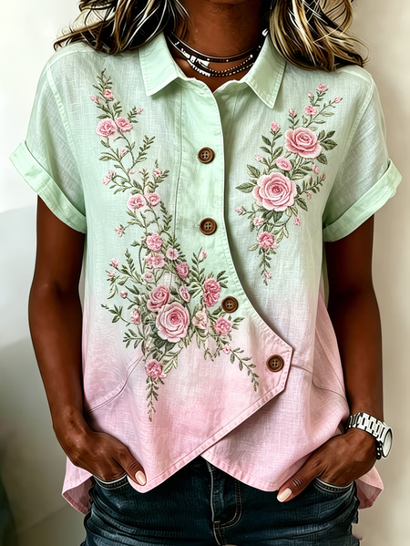 JustFashion – Women Floral Shawl Collar Short Sleeve Shirt Printing Vintage Daily Summer Top