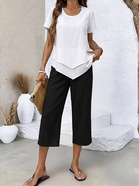 

Women Plain Printing Two-Piece Set Daily Short Sleeve Casual Summer Top With Pants Matching Set, Black-white, Sets