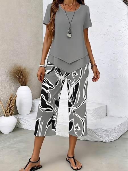 

Women Abstract Printing Two-Piece Set Daily Short Sleeve Casual Summer Top With Pants Matching Set, Gray, Suit Set
