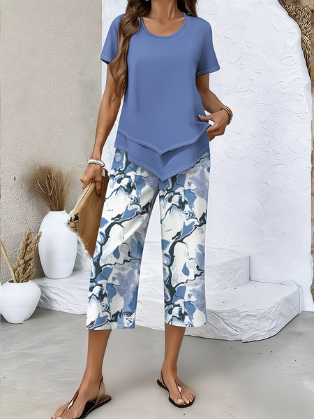 

Women Abstract Printing Two-Piece Set Daily Short Sleeve Casual Summer Top With Pants Matching Set, Blue, Suit Set