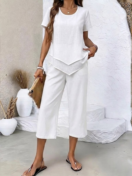 

Women Plain Printing Two-Piece Set Daily Short Sleeve Casual Summer Top With Pants Matching Set, White, Sets