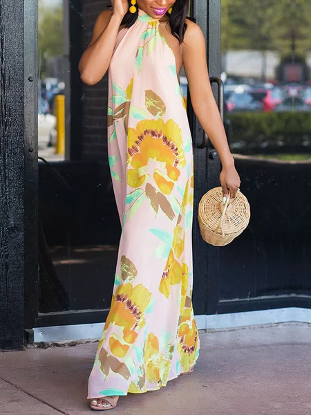 

Vacation Floral Stand Collar Maxi Dress, As picture, Maxi Dresses
