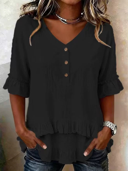 V Neck Short Sleeve Plain Regular Loose Blouse For Women