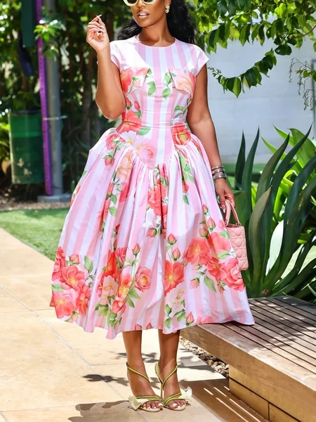 Elegant Floral Printing Crew Neck Midi Dress