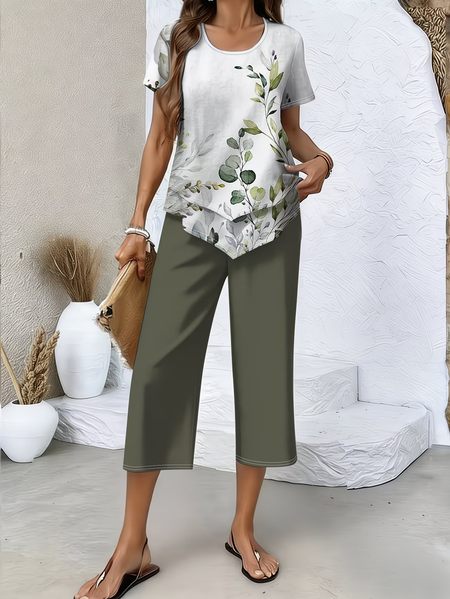 Women Floral Printing Two-Piece Set Daily Short Sleeve Casual Summer Top With Pants Matching Set