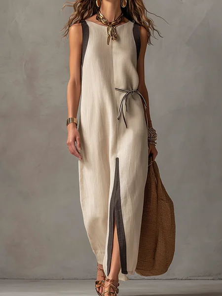 Cotton And Linen Casual Plain Crew Neck Maxi Dress