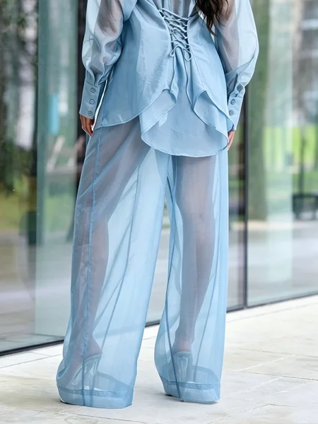 

Elegant Plain Wide Leg Pants, Blue, Pants