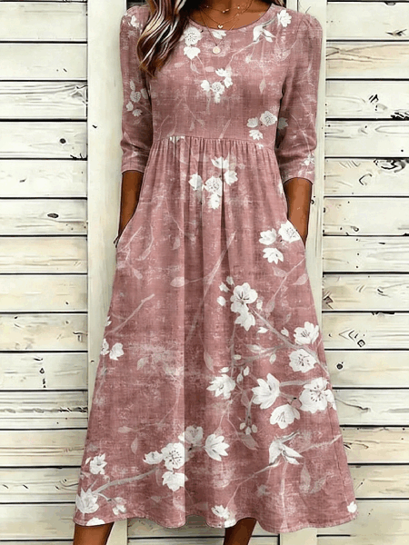 

Women Floral Summer Dress Crew Neck Half Sleeve A-Line Dress, Pink, Dresses