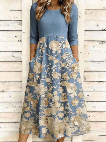 

Women Floral Summer Dress Crew Neck Half Sleeve A-Line Dress, Blue, Dresses