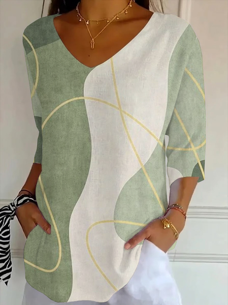 

Women Abstract Three Quarter Sleeve Tee T-shirt V Neck Printing Casual Graphic Tee Spring/Fall Top, Green, T-Shirts