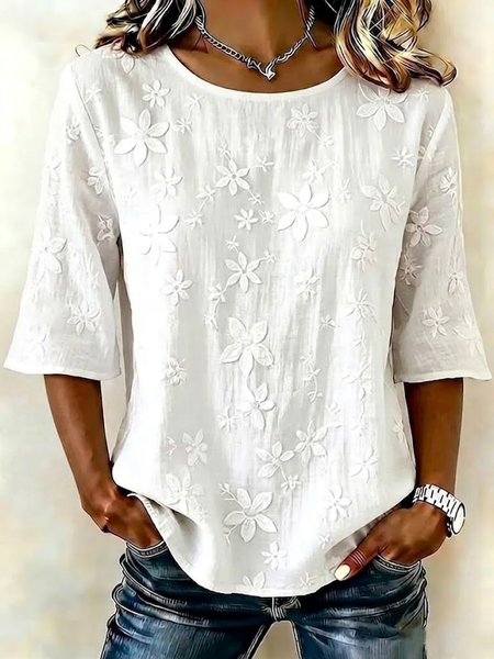 

Crew Neck Half Sleeve Floral Printing Regular Micro-Elasticity Regular Fit Blouse For Women, White, Blouses