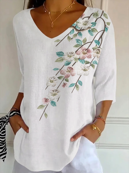 

Women Floral Three Quarter Sleeve Tee T-shirt V Neck Printing Casual Graphic Tee Spring/Fall Top, White, T-Shirts