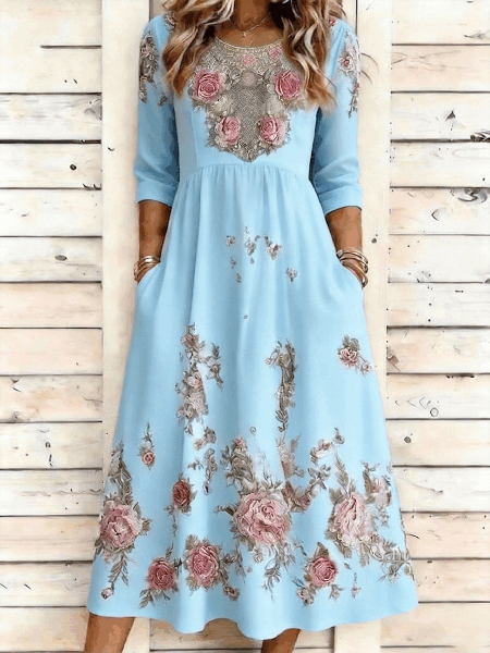 Women Floral Summer Dress Crew Neck Half Sleeve A-Line Dress