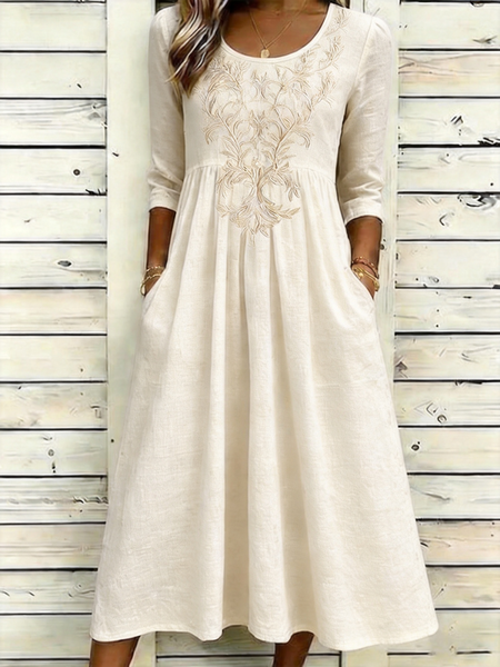 

Women Floral Half Sleeve Crew Neck Dress Daily Vintage Maxi A-Line Summer Dress, Off white, Elegant Dresses