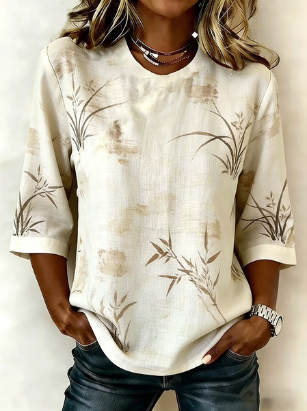 Crew Neck Half Sleeve Plants Printing Regular Micro-Elasticity Regular Fit Blouse For Women