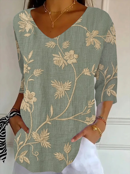 

Women Floral Three Quarter Sleeve Tee T-shirt V Neck Printing Casual Graphic Tee Spring/Fall Top, Green, T-Shirts