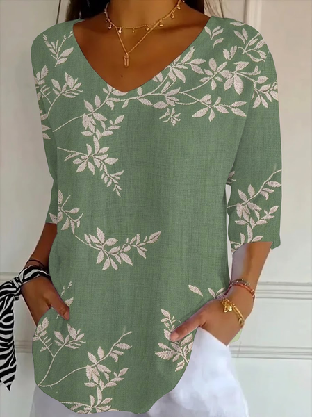 

Women Plants Three Quarter Sleeve Tee T-shirt V Neck Printing Casual Graphic Tee Spring/Fall Top, Green, T-Shirts