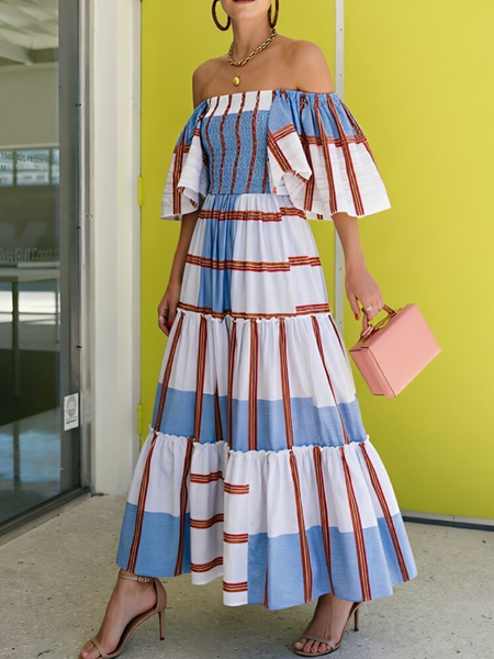 Vacation Striped Cold Shoulder Maxi Dress