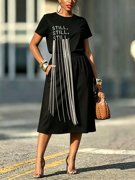Casual Letter Pattern Tassel Crew Neck Midi Dress