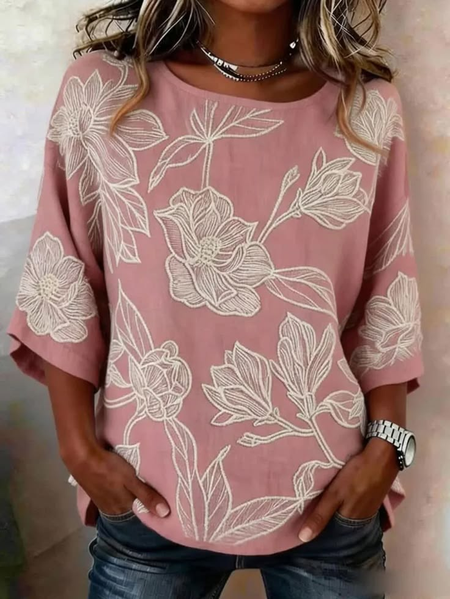 JustFashion – Women Floral Crew Neck Half Sleeve Blouse Printing Vintage Daily Summer Top