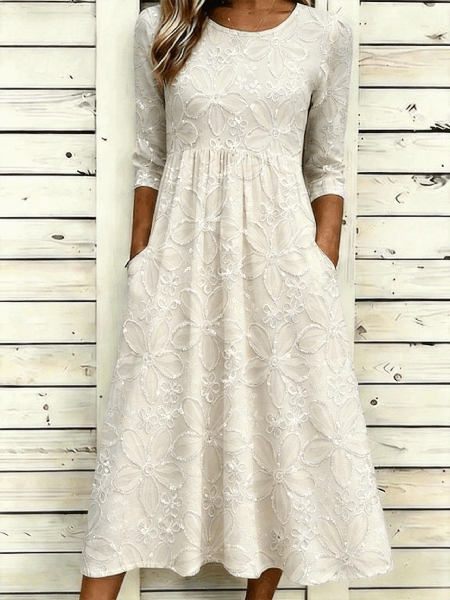

Women Floral Summer Dress Crew Neck Half Sleeve A-Line Dress, Off white, Dresses