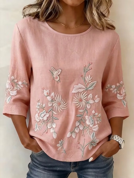 

Crew Neck Half Sleeve Floral Printing Regular Micro-Elasticity Regular Fit Blouse For Women, Pink, Blouses