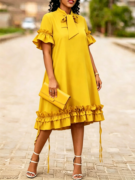 Elegant Plain Peplum Tie Neck Midi Dress