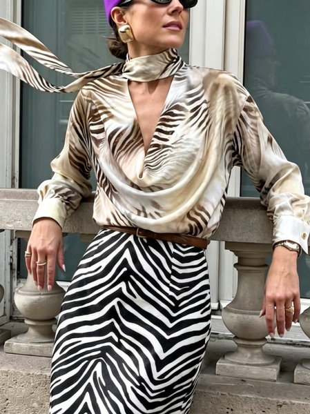 Elegant Zebra Printing Cowl Neck Blouse