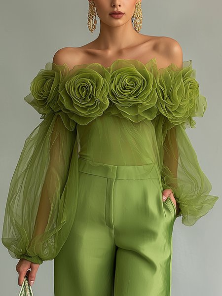 

Elegant Plain 3D Floral Off The Shoulder Blouse, Green, Blouses and Shirts