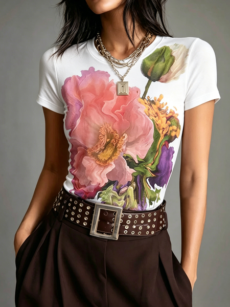 

Casual Floral Crew Neck T-shirt, As picture, Tees