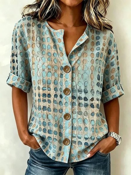 Stand Collar Three Quarter Sleeve Geometric Regular Loose Shirt For Women