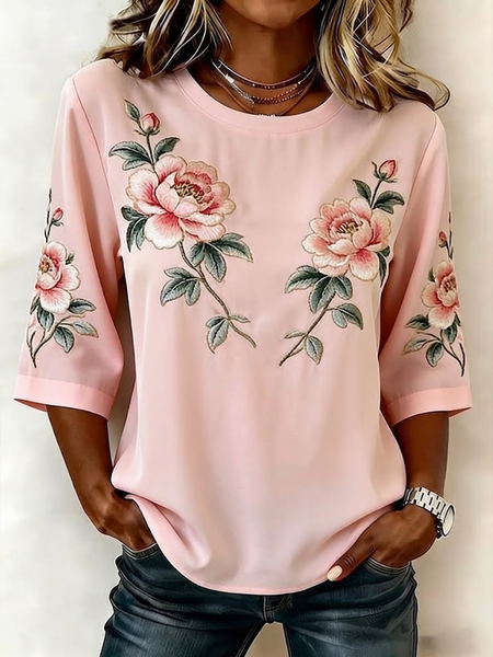 Women Floral Crew Neck Half Sleeve Blouse Printing Vintage Daily Summer Top
