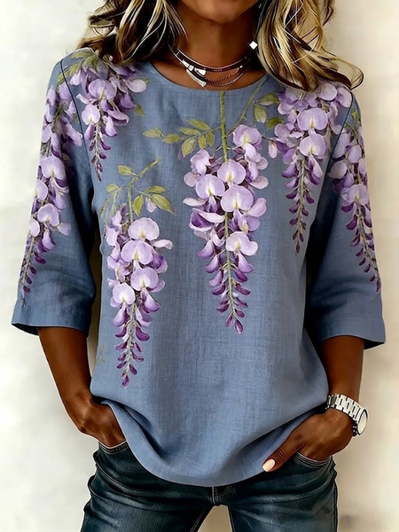 Crew Neck Half Sleeve Floral Printing Regular Micro-Elasticity Regular Fit Blouse For Women