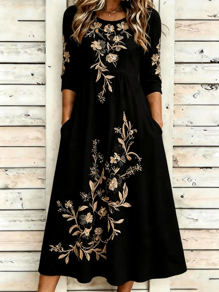 Women Floral Summer Dress Crew Neck Half Sleeve A-Line Dress
