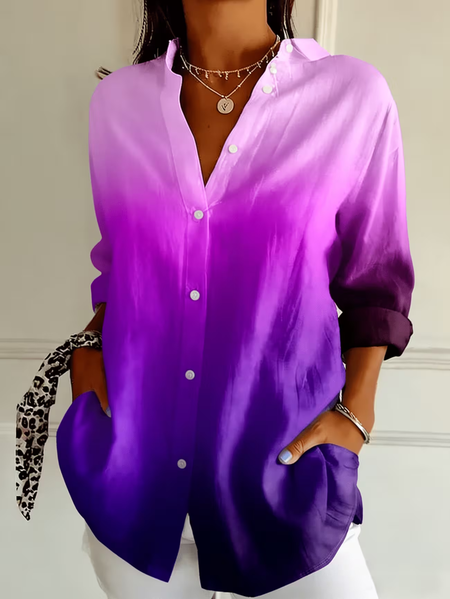 Shirt Collar Regular Sleeve Long Sleeve Ombre Buckle Regular Loose Button Up Shirt Shirt For Women