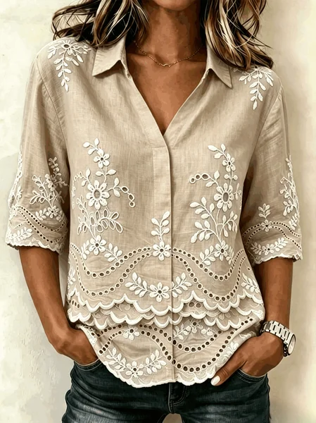 Shawl Collar Half Sleeve Floral Lightweight Loose Shirt For Women