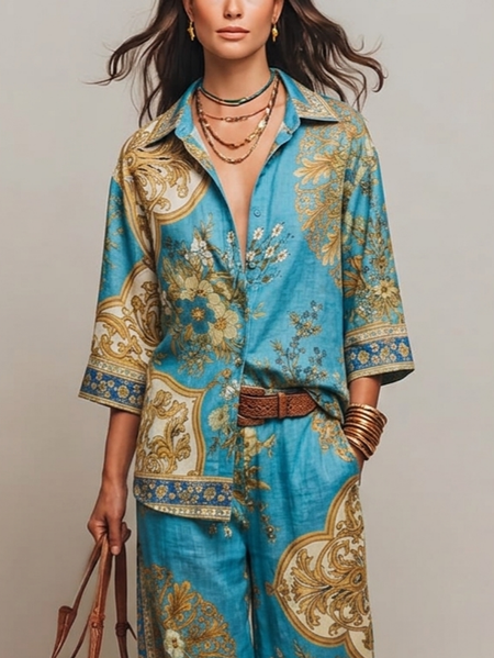 

Vacation Ethnic Printing Shirt Collar Shirt, Blue, Blouses and Shirts