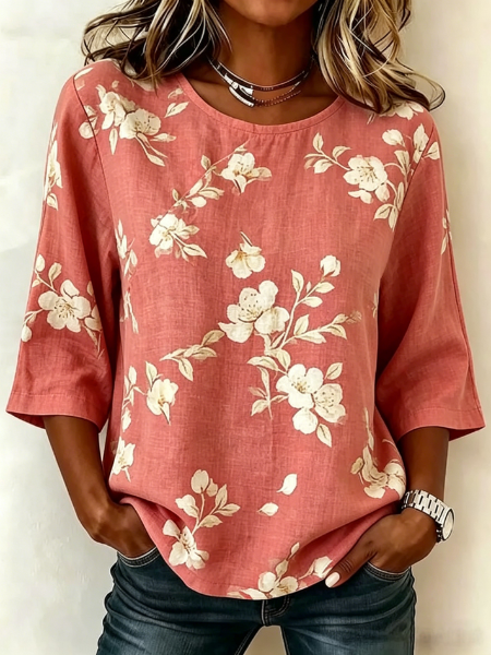 Crew Neck Three Quarter Sleeve 3D Printing Lightweight Loose Shirt For Women