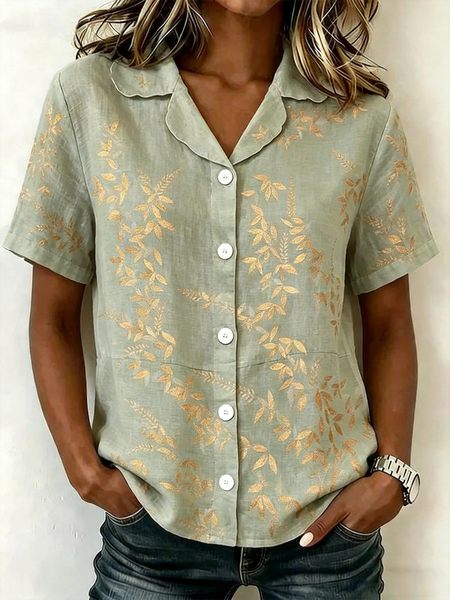 Shawl Collar Short Sleeve Floral Lightweight Loose Shirt For Women