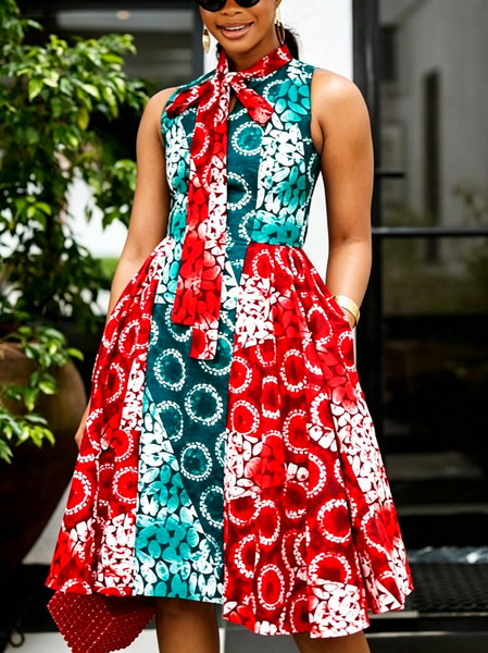 Elegant Floral Printing Tie Neck Knee Length Dress