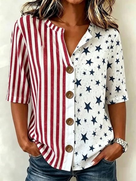 Stand Collar Three Quarter Sleeve America Flag Regular Loose Shirt For Women