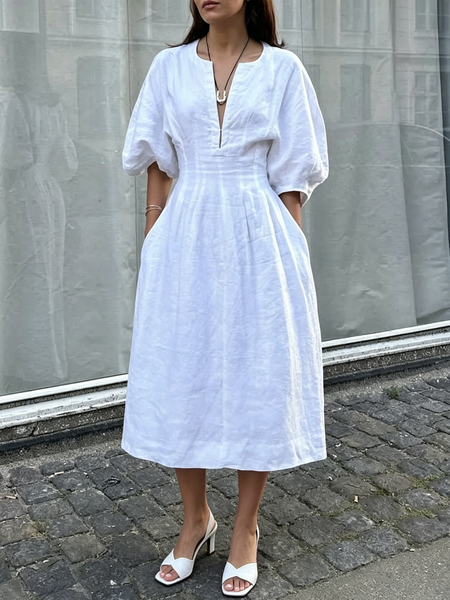Urban Plain Notched Cotton And Linen Midi Dress