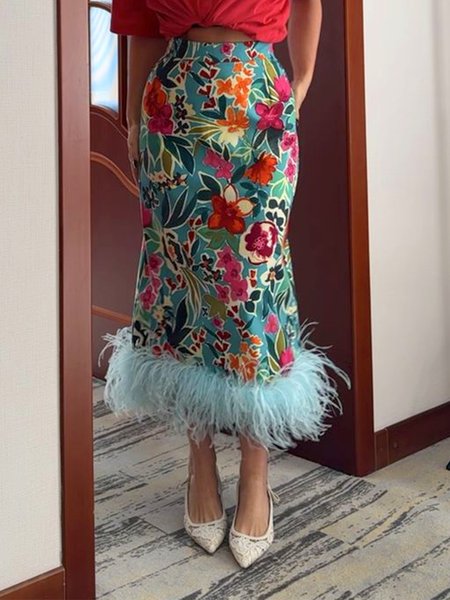 

Elegant Printing Geometric Feather-trimmed Midi Skirt, Cyan, Skirts