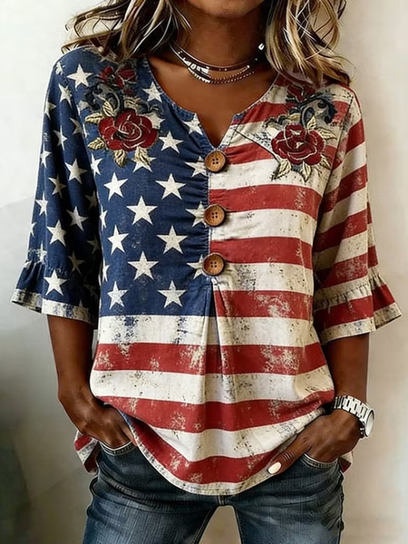 Women 4th of July Patriotic Shirt Independence Day Flag V Neck Half Sleeve Blouse Vintage Print Daily Summer Top