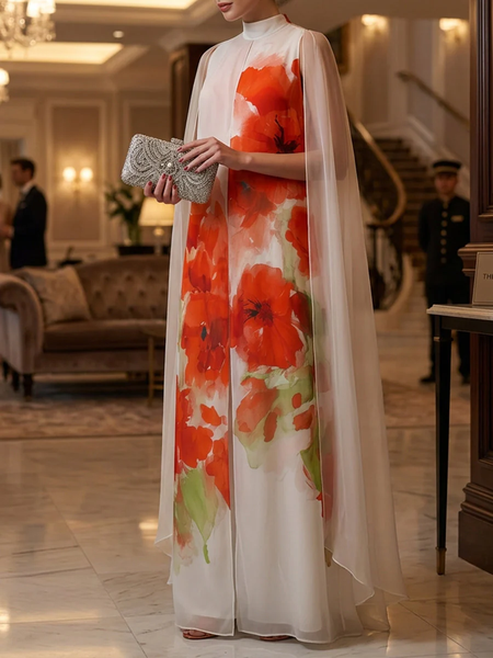 Elegant Floral Printing Mock Neck Maxi Dress