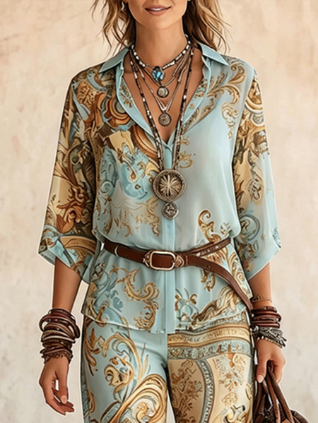 Vacation Random Print Printing Color Block Shirt No Belt